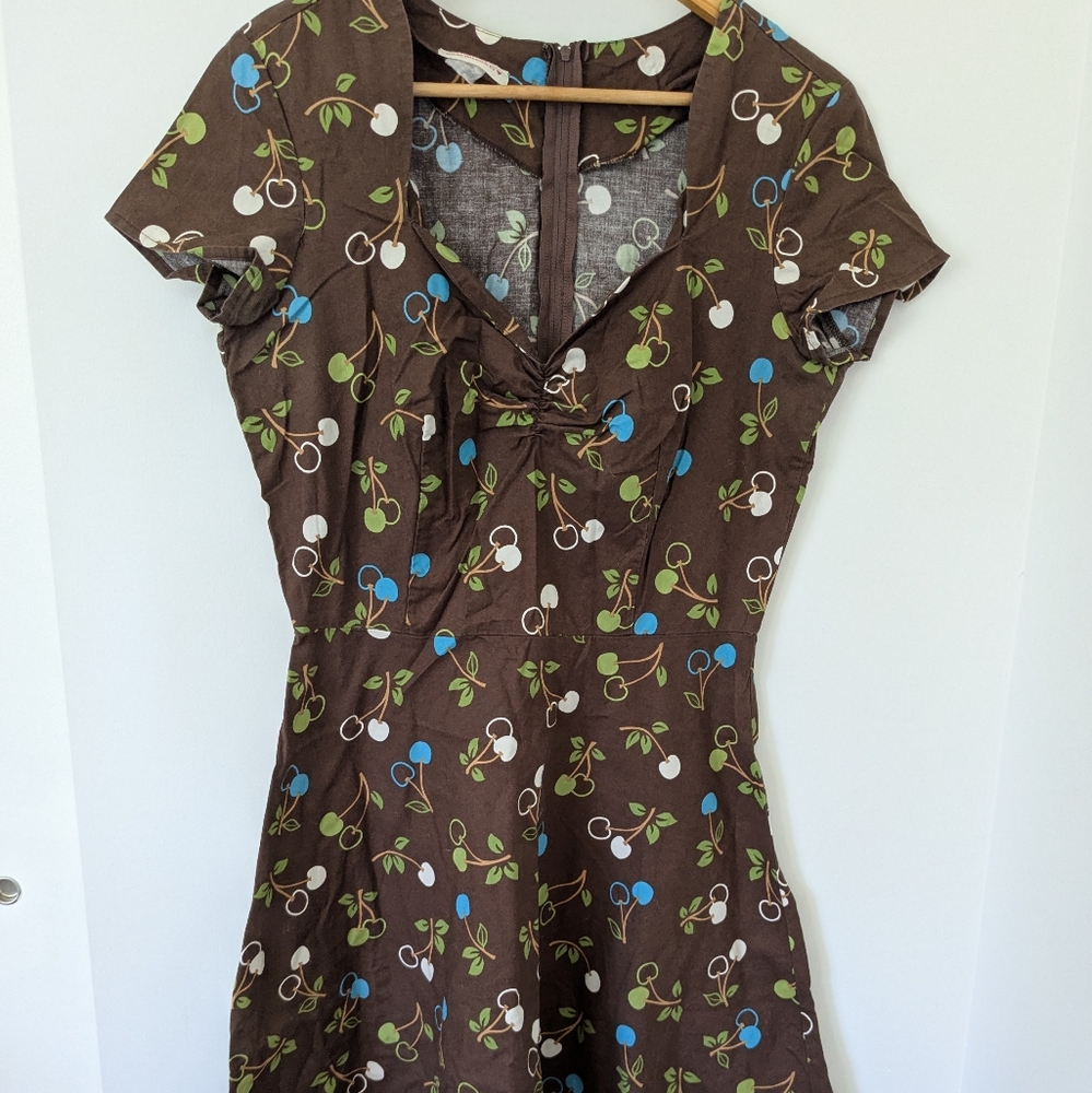 Elegant Blue Midi Dress with Cherry Pattern